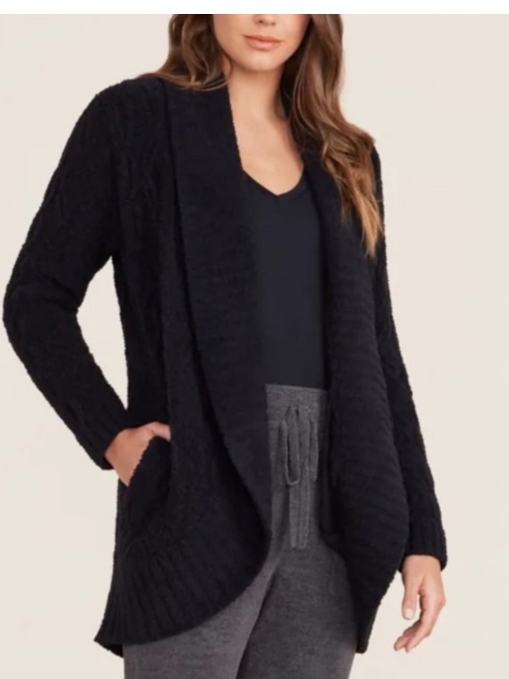 BAREFOOT DREAMS CozyChic Lite Circle Cardigan Black Medium Open Front Sweater